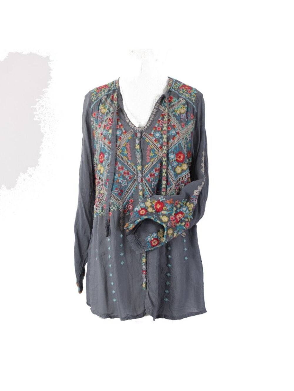 Johnny Was Top Sz S Gray Red Multi Colored Embroidered 100% Poly Top - Picture 3 of 12